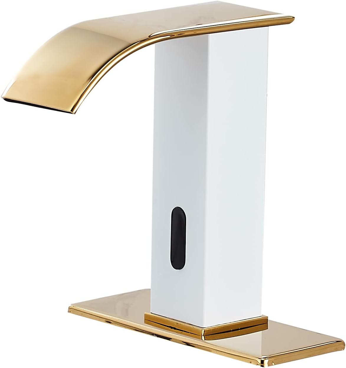 Automatic Touchless Faucet Bathroom White& Gold Waterfall Electronic Motion Sensor Faucet Hands Free Tap with Control Box and Temperature Mixing Valve Lavatory Vanity Sink Faucet AC/DC Power Basin Tap