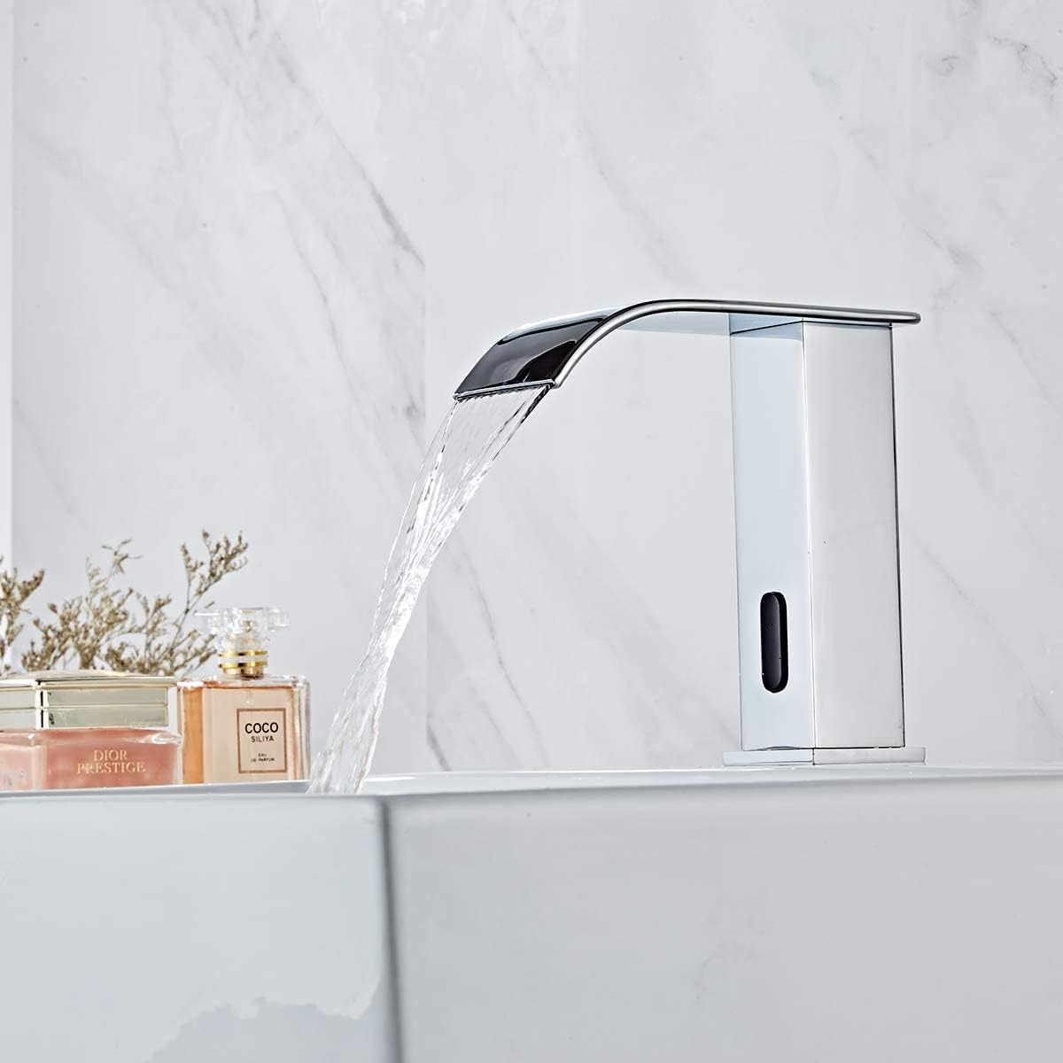 Automatic Touchless Bathroom Faucet Sensor Waterfall Chrome Bathroom Sink Faucet with Pop up Drain Stopper Overflow Electronic Motion Activated Hands-Free Vanity Faucet AC/DC Powered