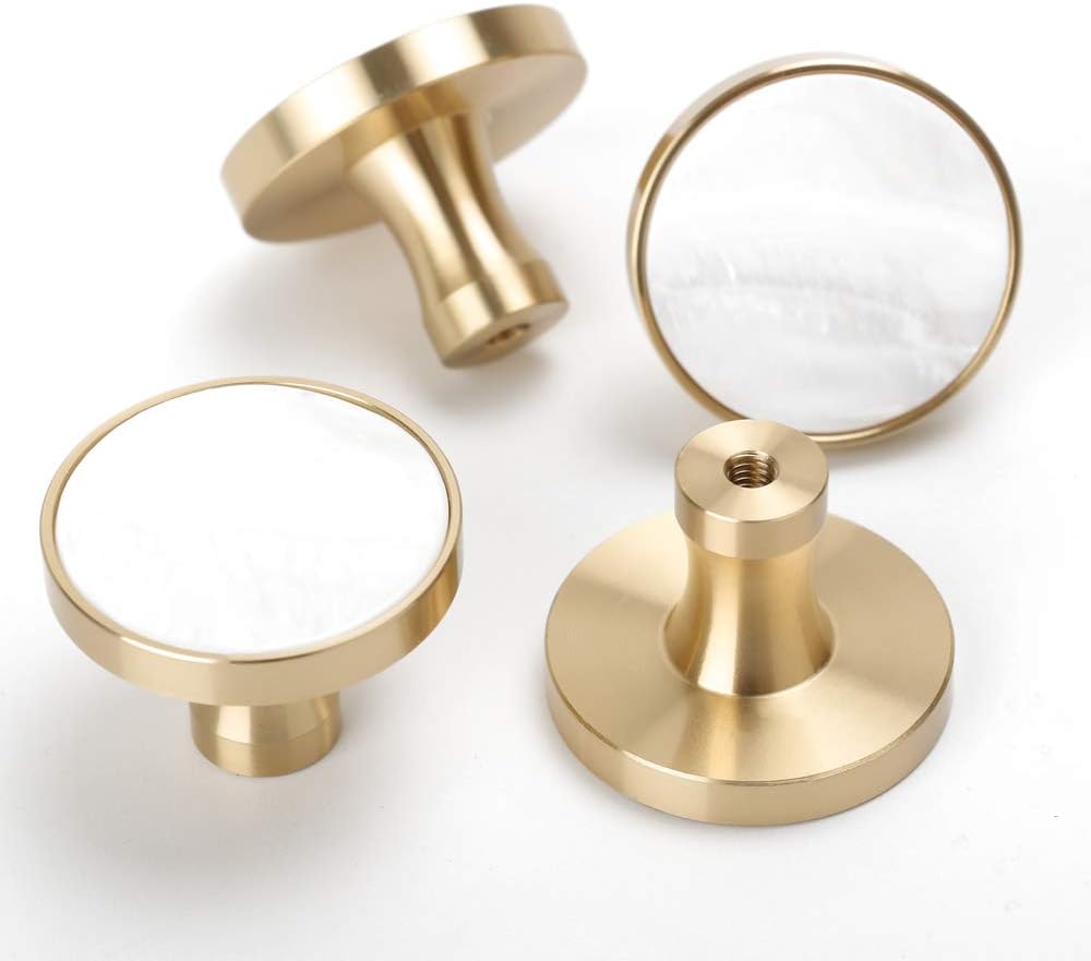 4Pcs 1-1/4"(32mm) Solid Brass Kitchen Cabinets Knobs White Shell Decorated Brushed Gold Wardrobe Cupboard Drawer Knobs and Pulls,Mounting Screws Included