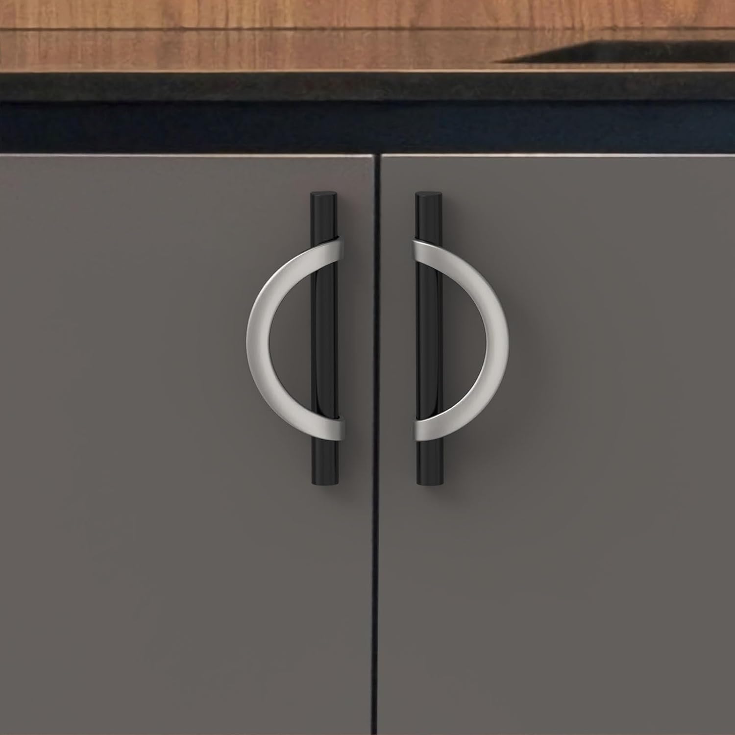 6 Pack Matt Black and Nickel Cabinet Pulls, 3-3/4 Inch(96mm) Hole Centers Half Moon Metal Drawer Pulls Kitchen Hardware Cabinet Handles