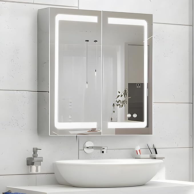 Stainless Steel LED Medicine Cabinet,Bathroom Mirror Cabinet with Light,3 Color,Dimmable,Equipped with Defogger,USB Shavor Socket,Internal Light