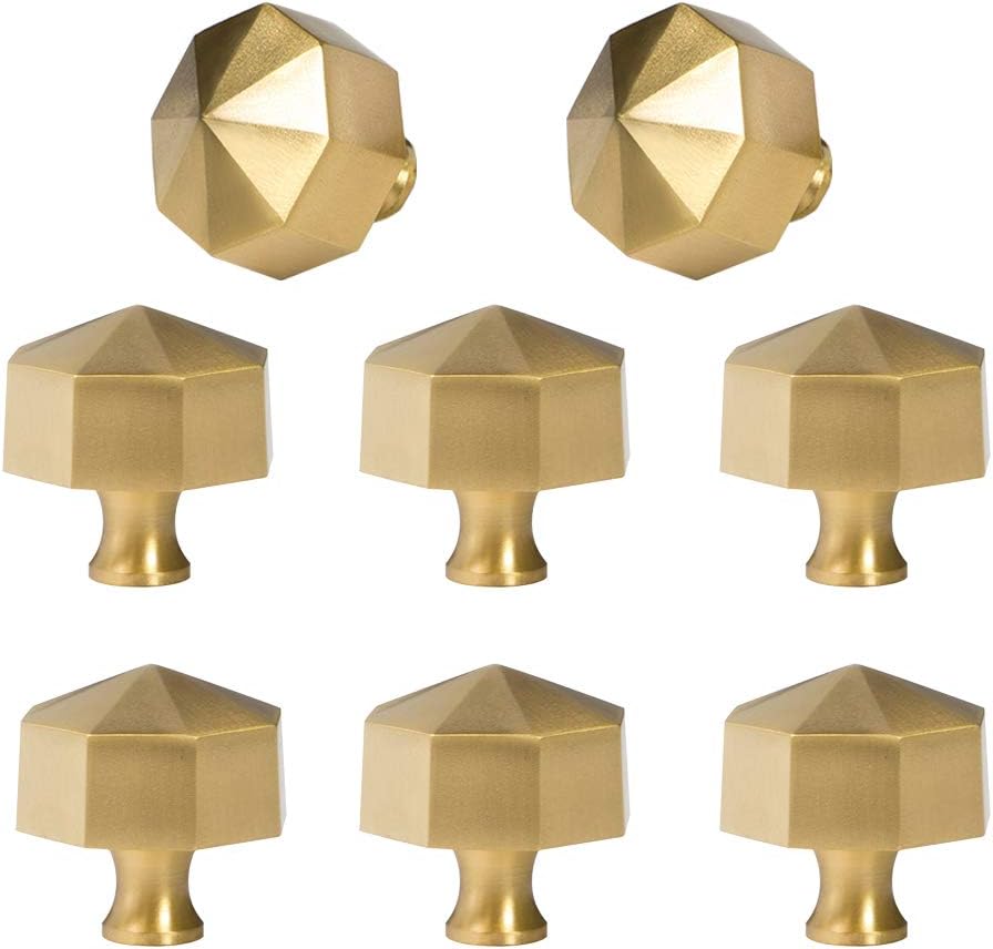 Solid Brass Knobs Beautiful Brushed Gold Kitchen Cabinet Knobs Contemporary Euro Style Dresser Drawer Knob Handles (8Pack Diameter:0.94"(24mm))