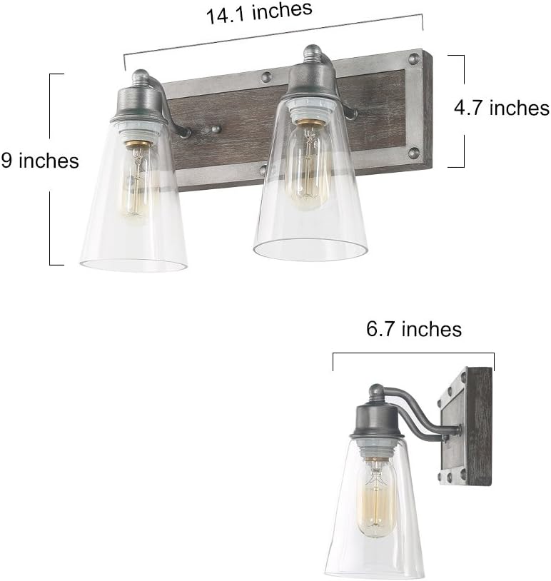 2 Lights Bathroom Lighting in Real Distressed Wood and Brushed Antique Silver Finish with Cone Clear Glass Shades