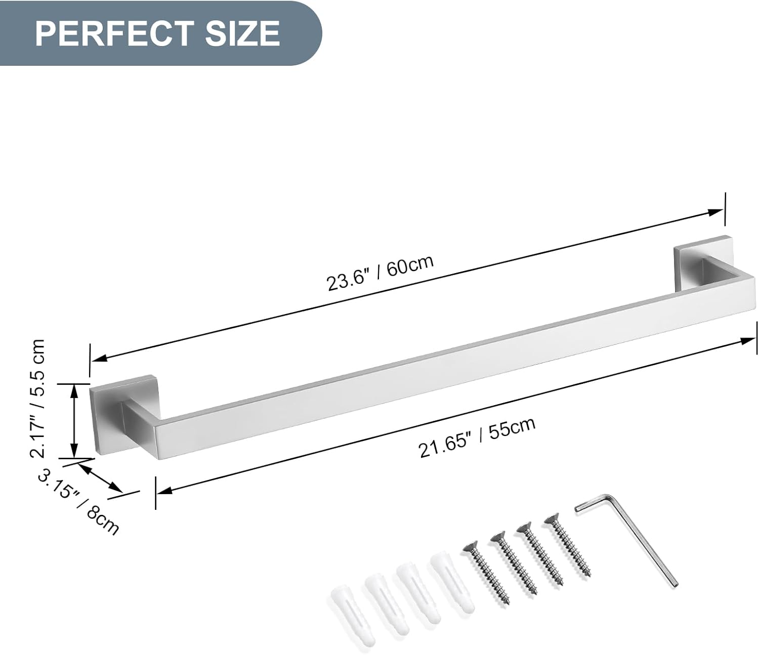 Bathroom Towel Bar, 23.6 Inch Brushed Nickel Towel Rack, SUS304 Stainless Steel Bathroom Accessories, Square Hand Towel Holder for Bathroom Kitchen Wall Mounted