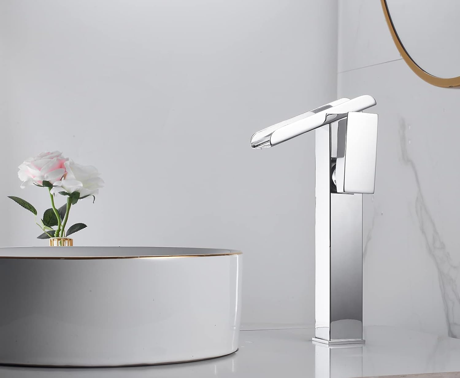 Bathroom Vessel Sink Faucet Chrome Waterfall Led Color Changing by Temperature Bowl Sink Faucet 1 Hole Right Handle Without Overflow Pop Up Drain Stopper Lavatory Vanity Bath Basin Tap Tall