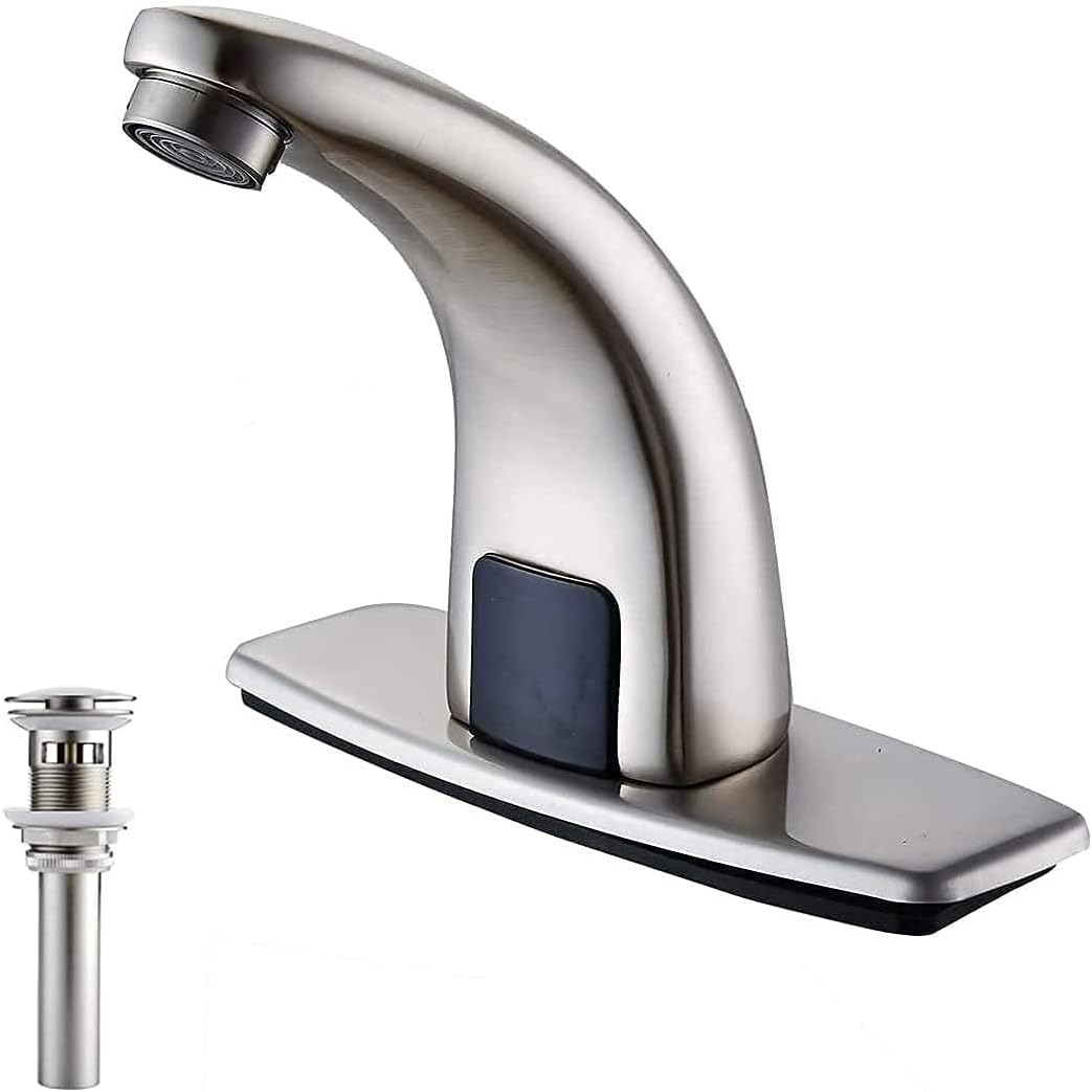 Automatic Sensor Touchless Bathroom Faucet Brushed Nickel Eletronic Motion Activated Hands-Free Include Pop Up Drain Overflow Lavatory Vanity Bath Sink Faucet