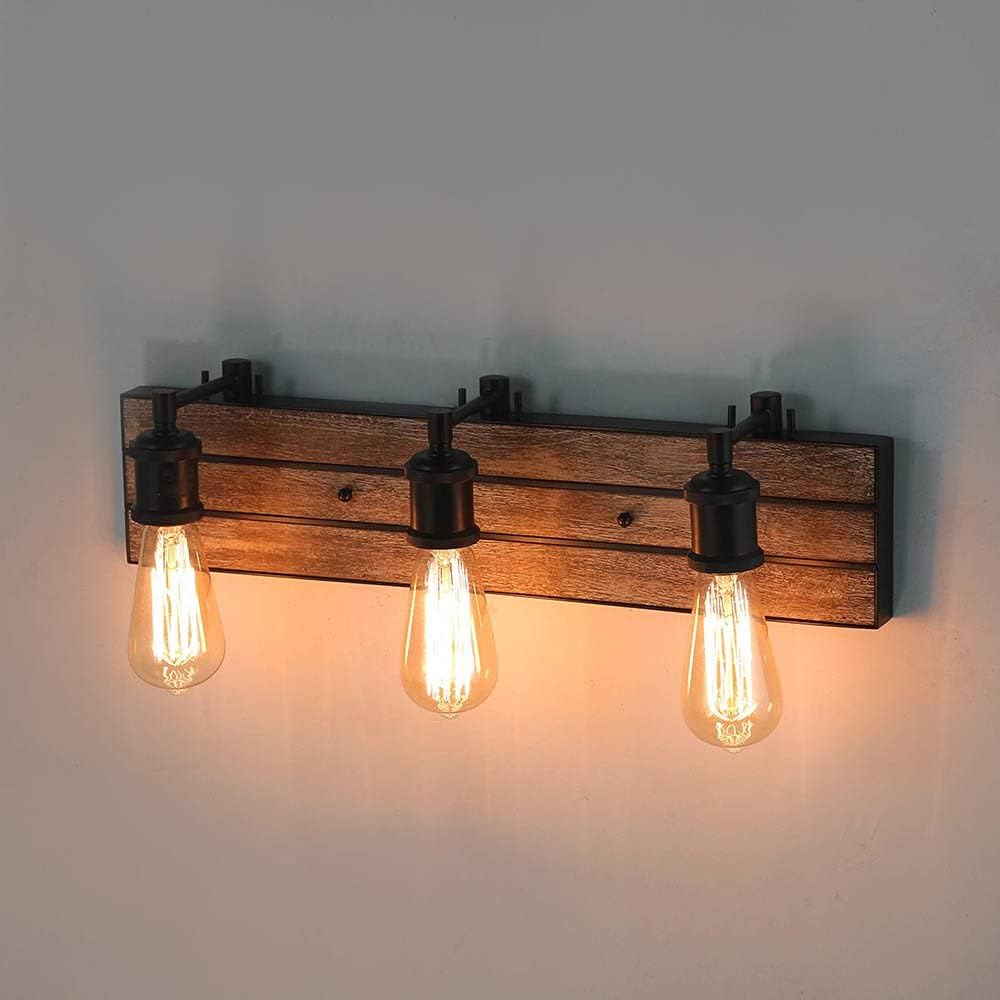 Bathroom Fixtures in Rustic Wood and Oil Rubbed Metal Finish, Farmhouse Wall Sconces with Adjustable Sockets Over Mirrors