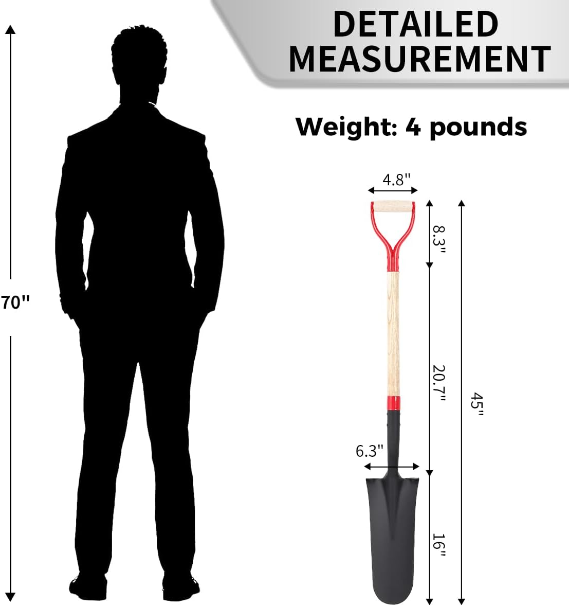 Spade Shovel for Digging, Heavy Duty Shovel with D-Handle, Trench Shovel for Gardening, 45 Inches