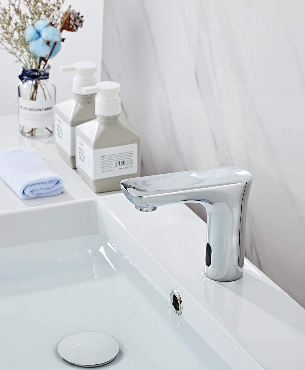 Automatic Sensor Touchless Bathroom Faucet with Hole Cover Plate Dual-Powered Vanity Faucets Chrome Hands Free Water Tap with Control Box and Temperature Mixer Motion Sensor