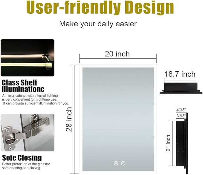 Led Medicine Cabinet,20×28inch,Medicine Cabinet with Light,3 Colors,Dimmable,Desmister,Luminous Glass Shelf,Recess Mount and Surface Mount