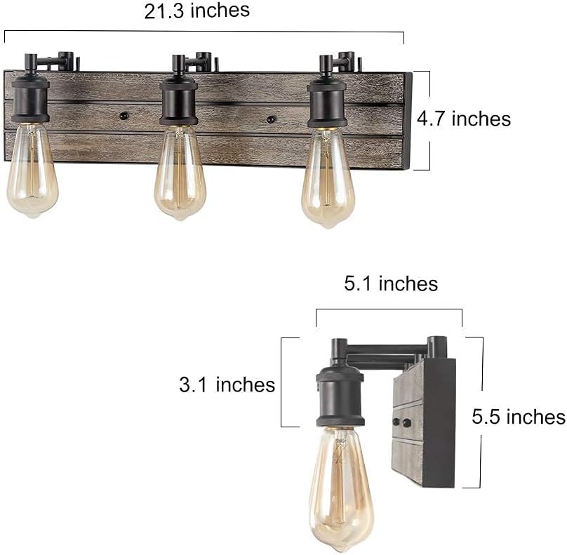 Bathroom Fixtures in Rustic Wood and Oil Rubbed Metal Finish, Farmhouse Wall Sconces with Adjustable Sockets Over Mirrors