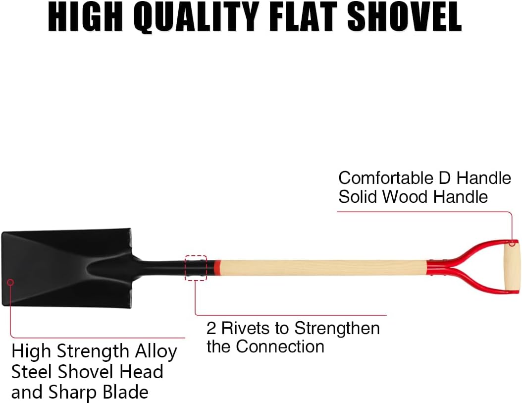 Spade Shovel for Digging, Heavy Duty Spade Shovel with Wooden D-Handle, Square Flat Shovel for Gardening and Edging