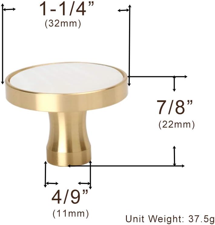 4Pcs 1-1/4"(32mm) Solid Brass Kitchen Cabinets Knobs White Shell Decorated Brushed Gold Wardrobe Cupboard Drawer Knobs and Pulls,Mounting Screws Included