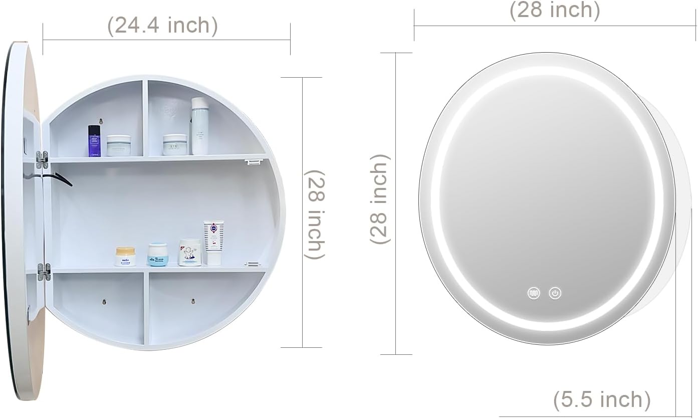 Led Round Medicine Cabinet,Bathroom Medicine Cabinet with Light,3 Color,Demister,Dimmable,Steel Constrution,White,Only for Surface Mount,28 inch