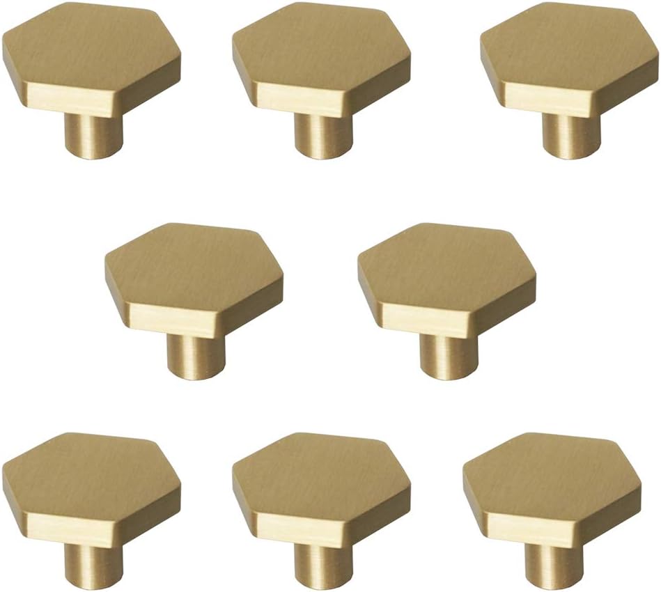 1-1/10" Solid Brass Knobs Shoe Cabinets Knob and Pulls Brushed Gold Hexagon Handles for Dresser Drawer (8Pcs)