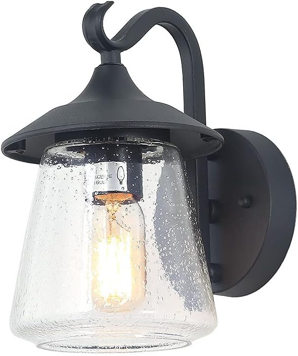 Outdoor Wall Light，Farmhouse Exterior Lantern in Black with Seeded Glass