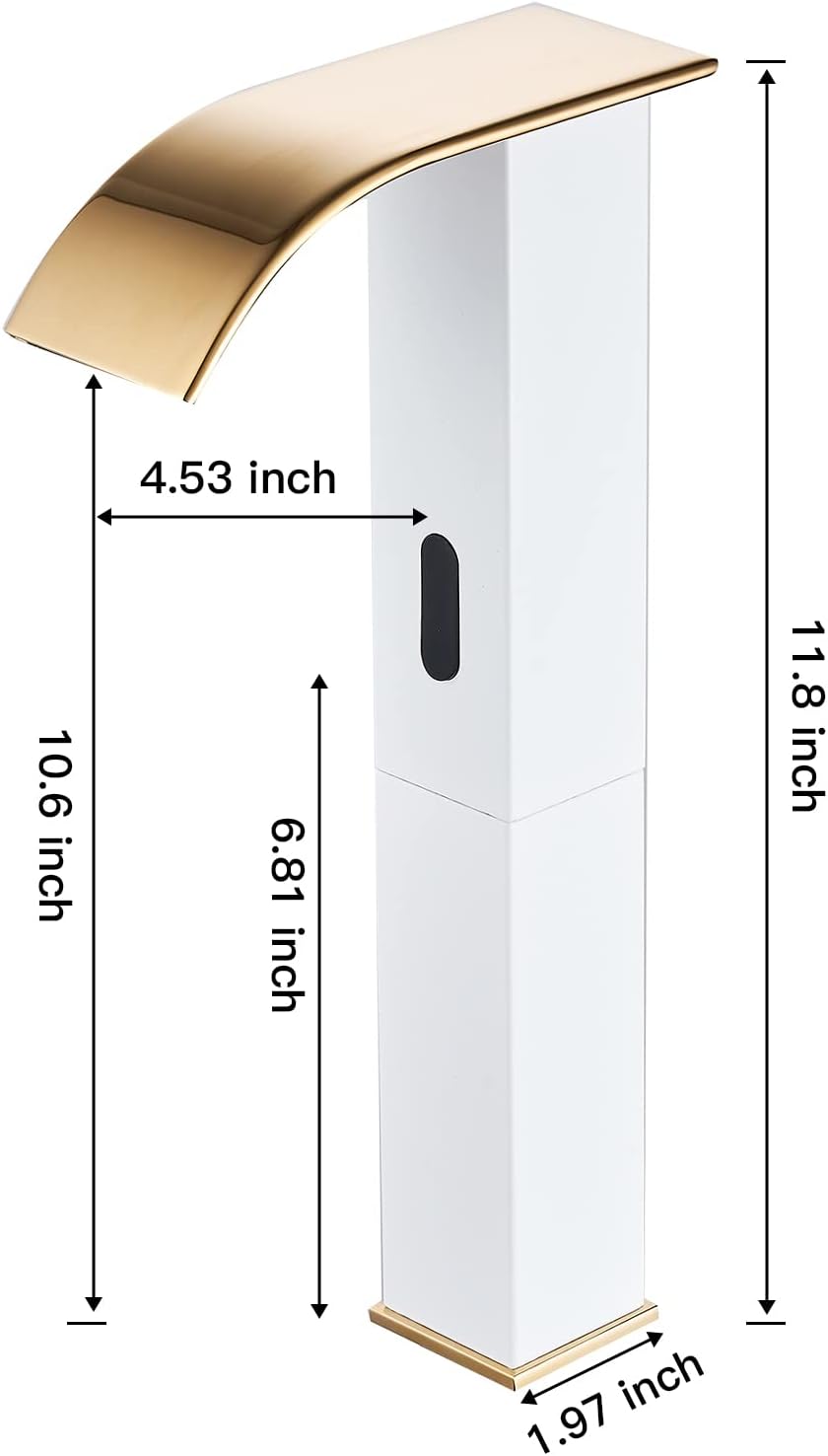 Touchless Bathroom Vessel Faucet Electronic Sensor Automatic Waterfall White Gold Bathroom Faucets Hands Free Water Saving One Hole Bowl Sink Faucet Motion Sensor Lavatory Vanity Faucet Deck Mounted