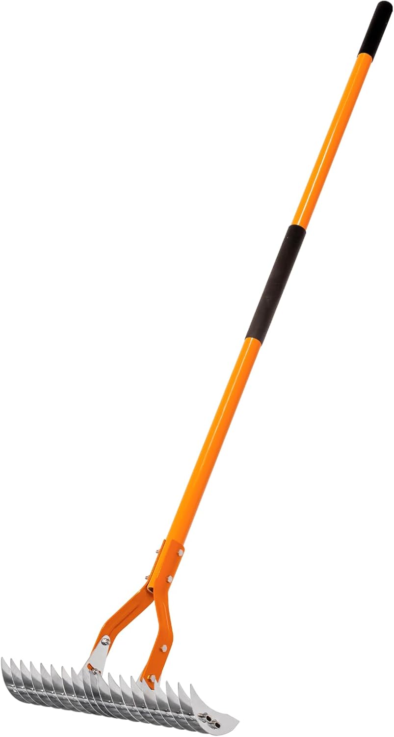 Thatch Rake for Lawns, Heavy Duty Thatch Rake with Fiberglass Handle, Metal Dethatcher Rake for Cleaning Dead Grass, 58 Inches