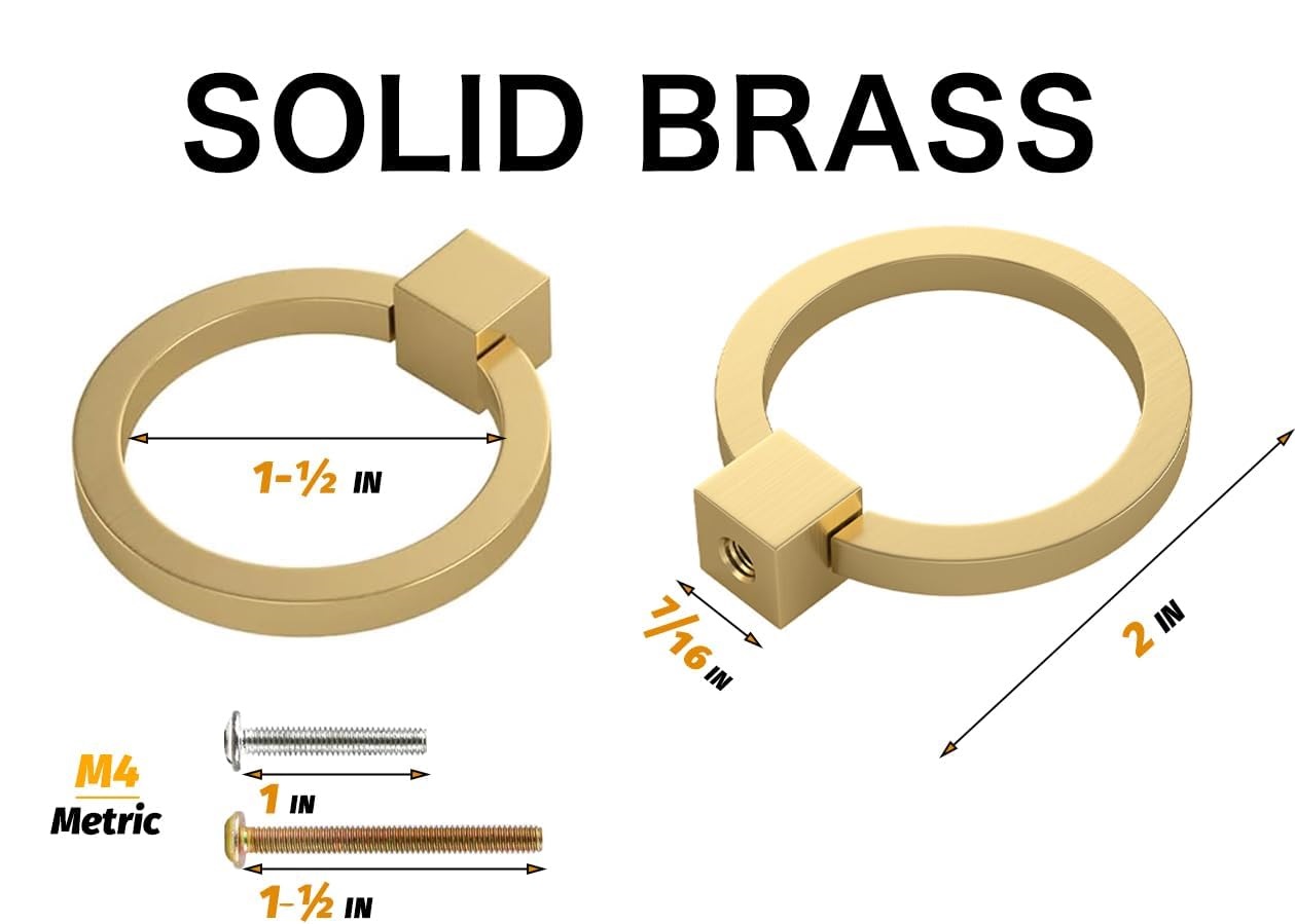 10Pcs 2.0" x 1-7/8" Solid Brass Pulls for Dresser Drawer Ring Pulls Furniture Hardware Brushed Gold Wardrobe Door Handles