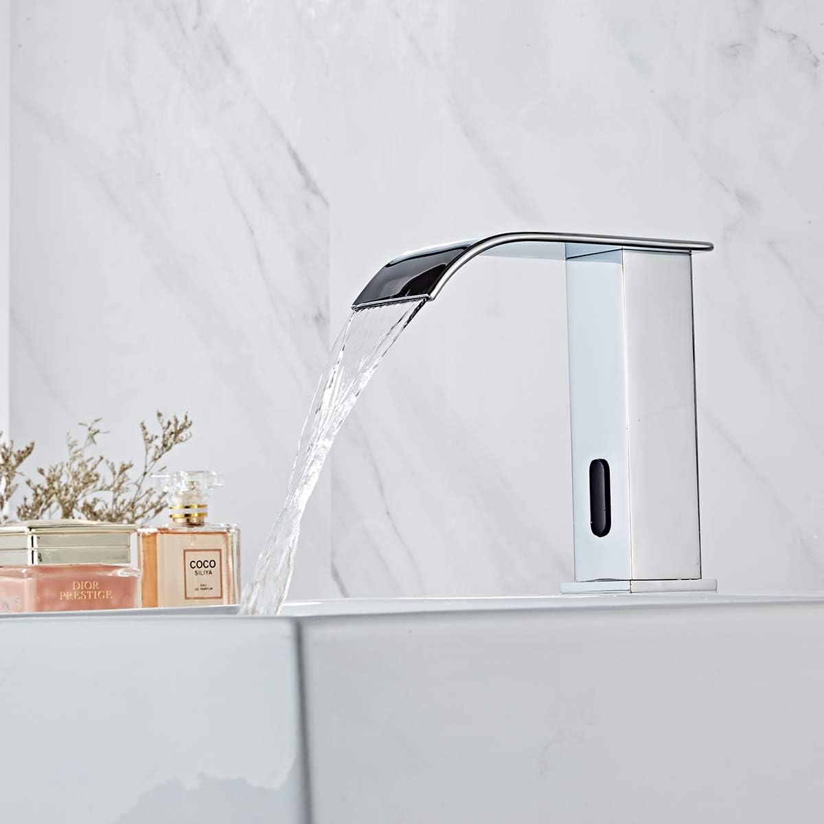 Automatic Touchless Bathroom Faucet Sensor Waterfall Chrome Bathroom Sink Faucet Electronic Motion Activated Hands-Free Vanity Faucet Dual Powered