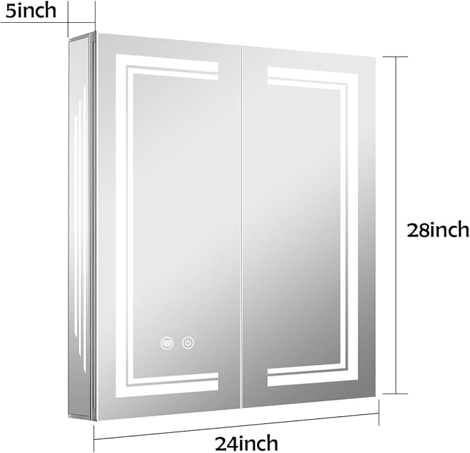 24×28inch Medicine Cabinet with Lights,Lighted Medicine Cabinet,3 Colors&Dimmable,Demister,Internal Light,USB Shaver Socket,Inner Door Lighting