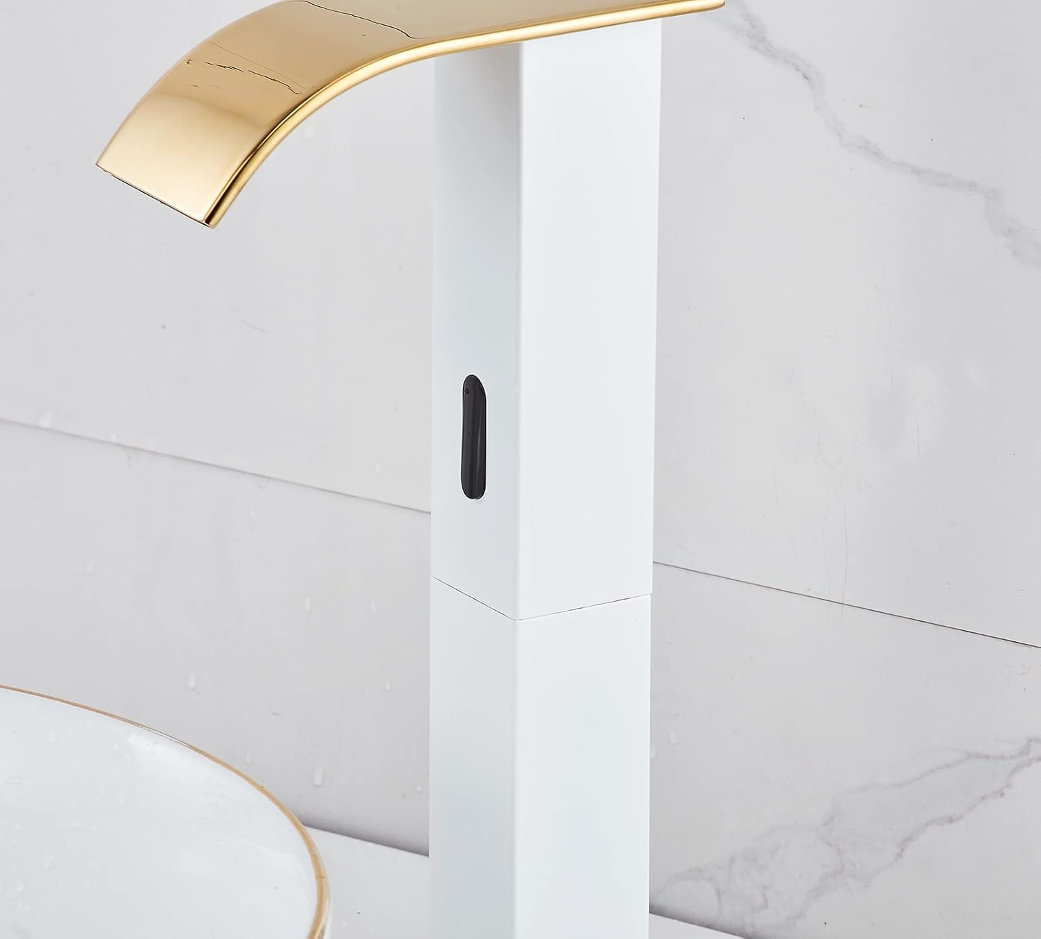 Touchless Bathroom Vessel Faucet Electronic Sensor Automatic Waterfall White Gold Bathroom Faucets Hands Free Water Saving One Hole Bowl Sink Faucet Motion Sensor Lavatory Vanity Faucet Deck Mounted