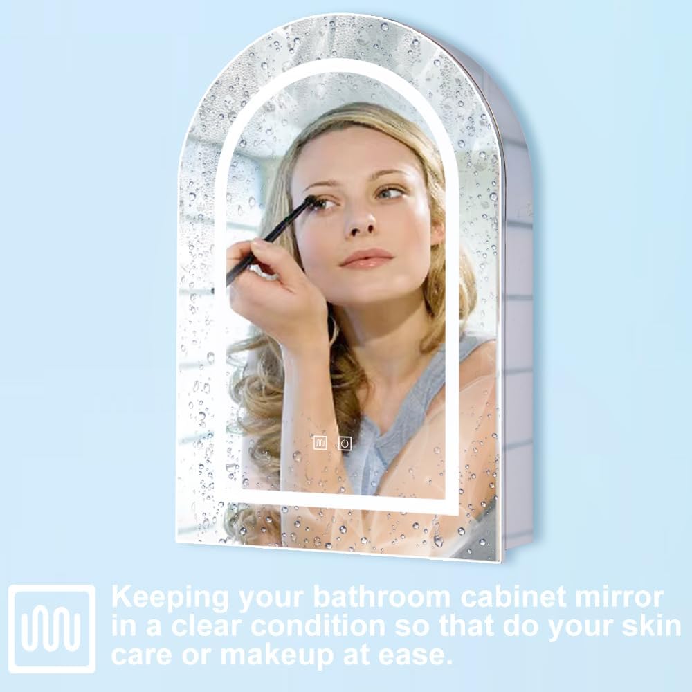 Arched Medicine Cabinet Mirror, 20''x30'' Lighted Medicine Cabinet with LED Lights, Defogger and 3 Color Modes, Dimmable Stainless Steel Cabinet for Bathroom