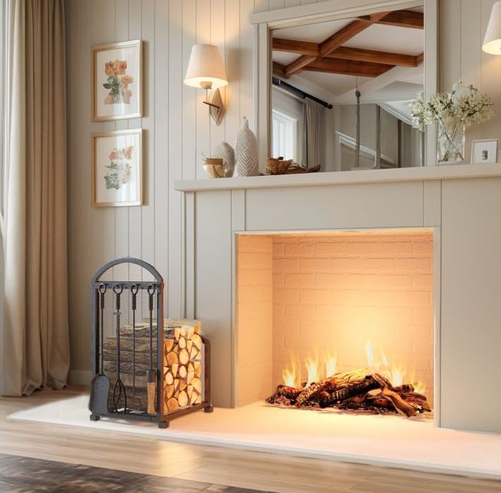 Fireplace Log holder with Fireplace Tools, Wrought Iron Indoor Stove Accessories Firewood Rack Holder Lumber Storage Stacking Log Holder