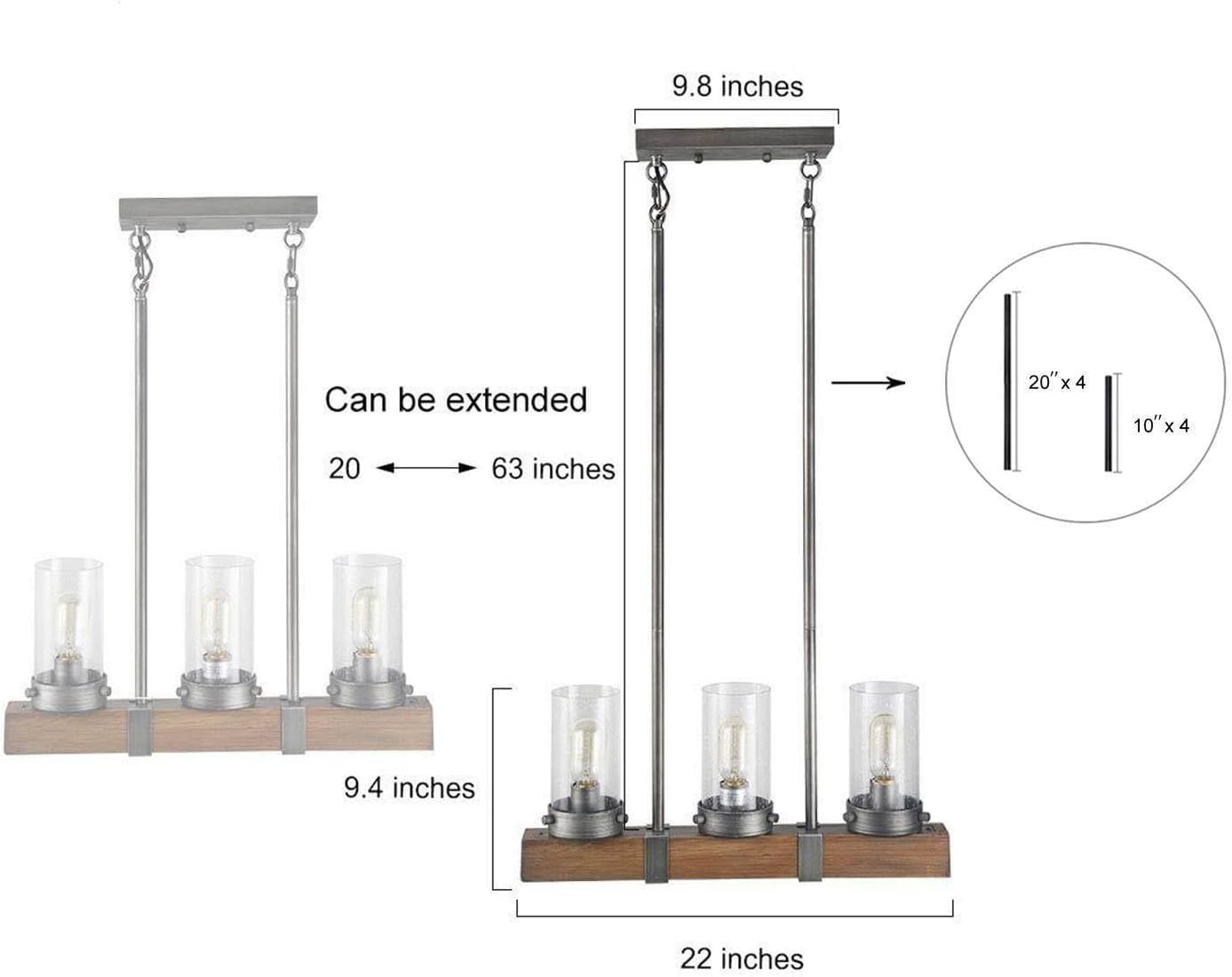 3-Light Kitchen Island Lighting, Farmhouse Linear Chandeliers for Dining Room