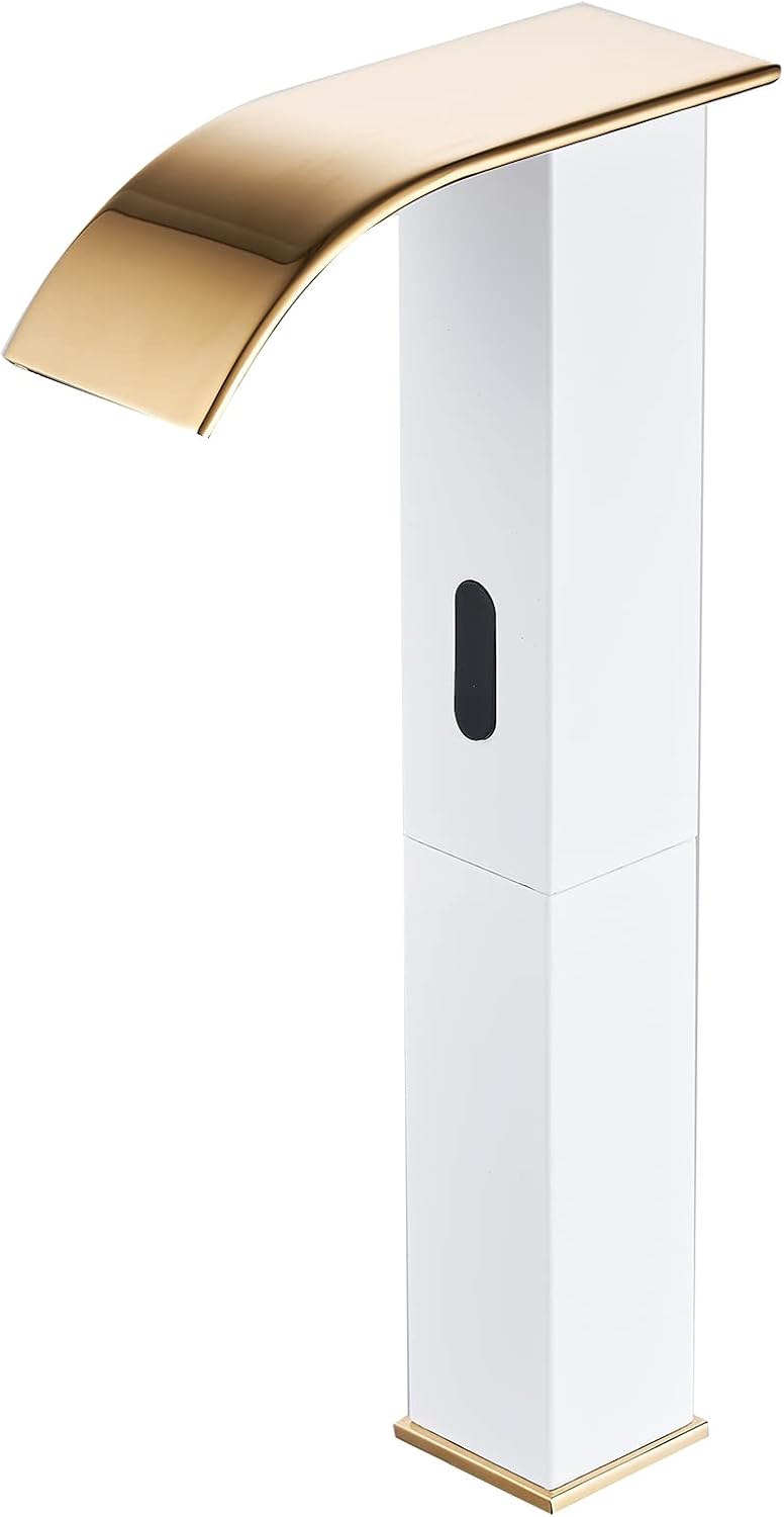 Touchless Bathroom Vessel Faucet Electronic Sensor Automatic Waterfall White Gold Bathroom Faucets Hands Free Water Saving One Hole Bowl Sink Faucet Motion Sensor Lavatory Vanity Faucet Deck Mounted