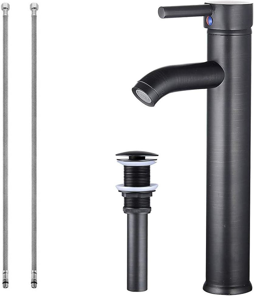 Bathroom Vessel Sink Faucet Oli Rubbed Bronze Sink Bowl Faucet Tall Single Handle One Hole Vanity Lavatory Basin Mix Tap Deck Mount Supply Lines Hose with Pop Up Drain Assembly