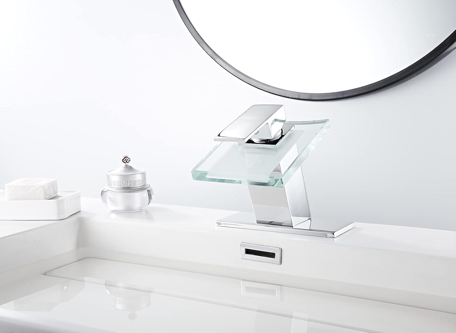 Bathroom Sink Faucet Waterfall Glass Spout LED Light 3 Colors Changing Hot and Cold Water Mixer Single Handle One Hole Deck Mounted Bathroom Faucet Lavatory Vanity Basin Tap Chrome