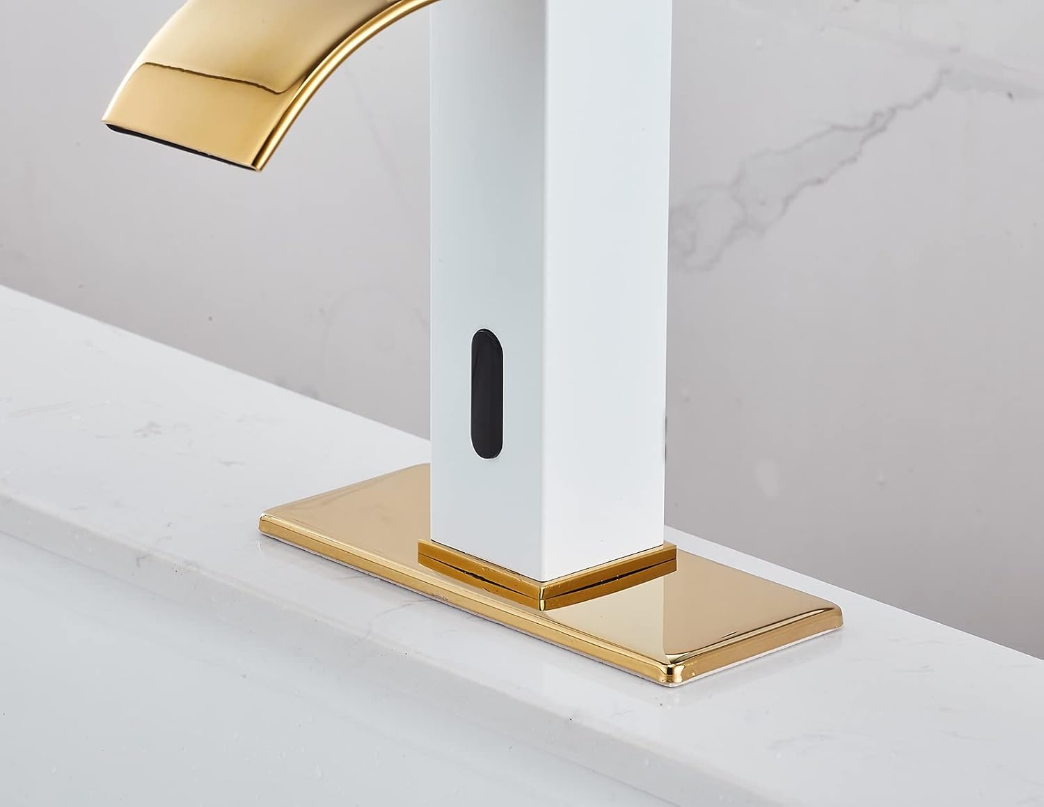 Automatic Touchless Faucet Bathroom White& Gold Waterfall Electronic Motion Sensor Faucet Hands Free Tap with Control Box and Temperature Mixing Valve Lavatory Vanity Sink Faucet AC/DC Power Basin Tap