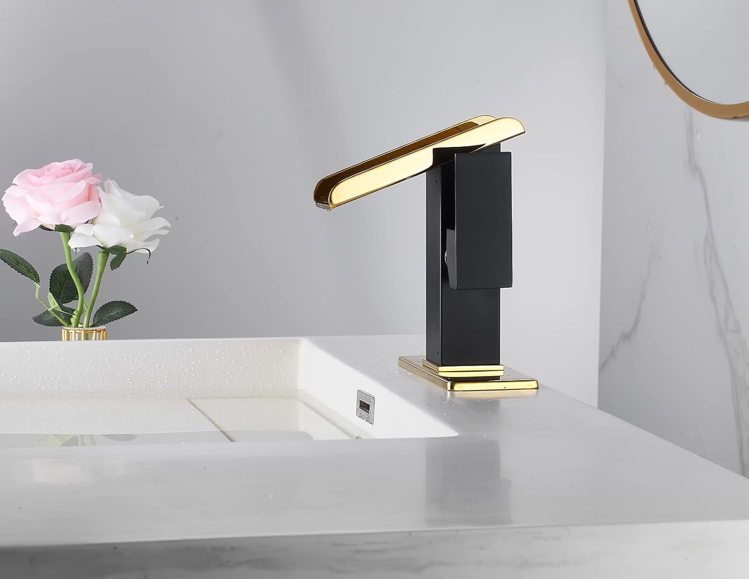Bathroom Faucet Black Waterfall Gold Spout Single Handle for Sink 1-3 Hole 4 inch Deck Plate Pop Up Drain Stopper Overflow Lavatory Vanity Basin Tap Supply Lines Farmhouse Luxury Bath Faucets Brass