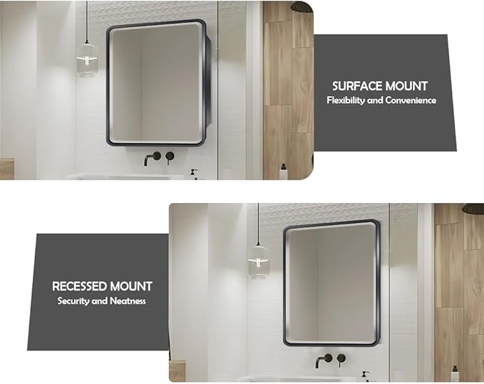 20×24inch Medicine Cabinet,Mirror Cabinet with Beveled Mirror,Solf Close Hinge,Brushed Metal Framed,Detachable Side Plate for Recess Mount or Surface Mount,Black