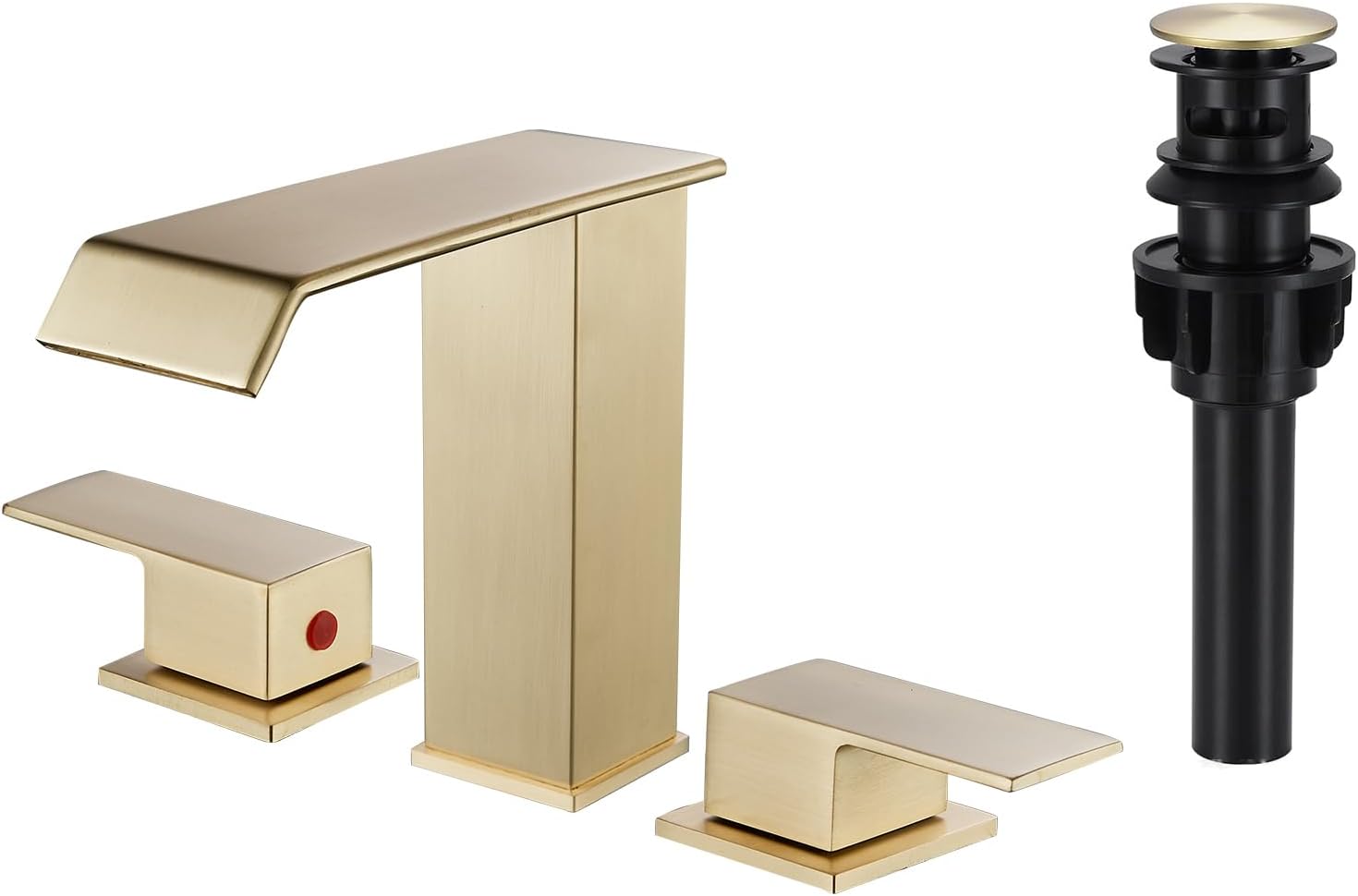 Bathroom Faucet 2 Handles 3 Hole Waterfall Brushed Gold Bathroom Faucets Widespread 8-16 inch Basin Sink Faucet Brass Lavatory Vanity with Pop Up Drain 2 Hot/Cold Supply Hoses Commercial Deck Mounted