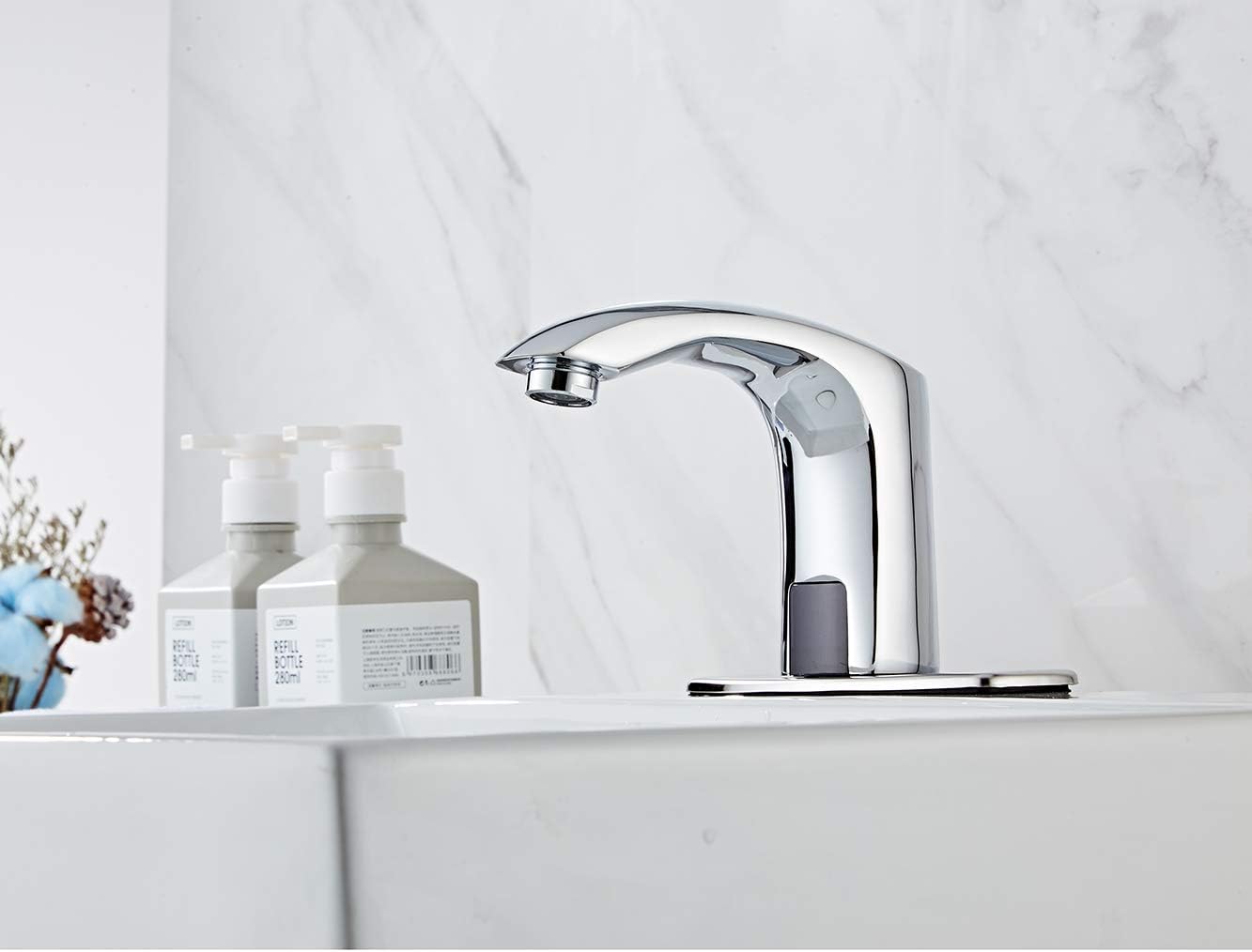 Automatic Bathroom Sink Faucet with Hole Cover Plate Sensor Touchless Dual-Powered Chrome Vanity Faucets Hands Free Motion Sensor Bathroom Water Tap