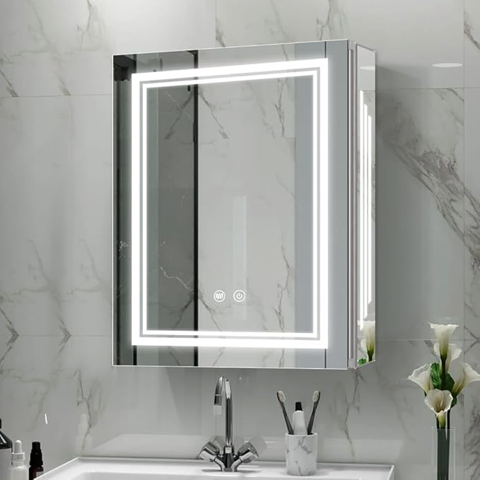 20×26inch Medicine Cabinet with Lights,Lighted Medicine Cabinet,3 Colors&Dimmable,Demister,Internal Light,USB Shaver Socket,Inner Door Lighting