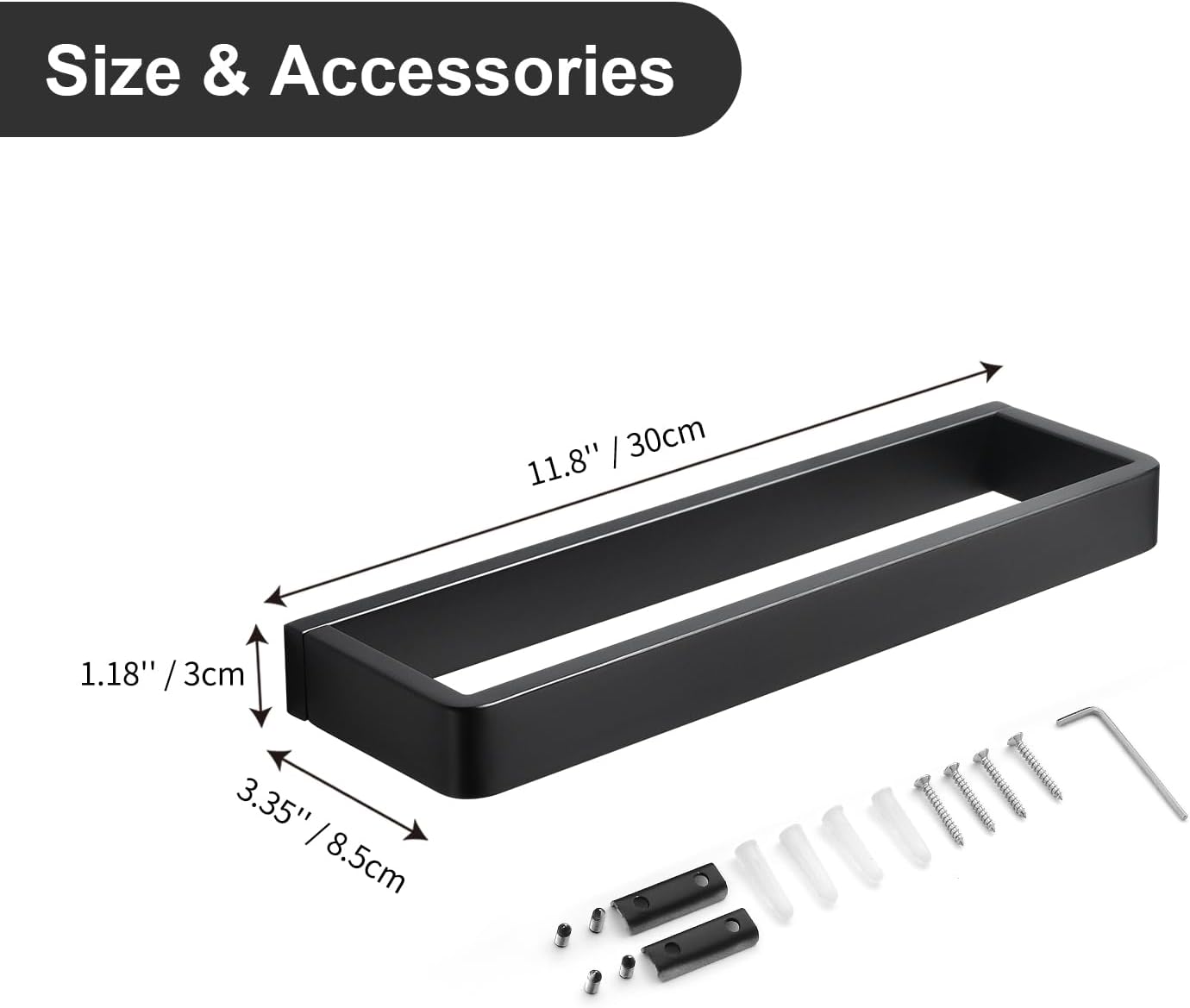 Bathroom Towel Bar Matte Black, 11.8 Inch 304 Stainless Steel Bath Accessories Towel Rack Hanger, Bathroom Kitchen Square Hand Towel Holder Wall Mounted