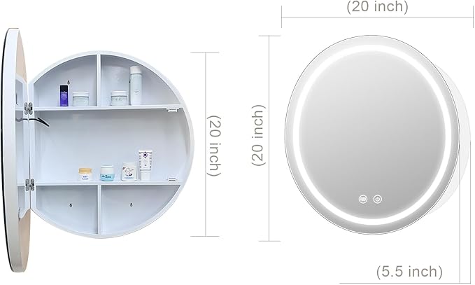 20inch Round Medicine Cabinet with Lights,Led Medicine Cabinet with Defogger,Illuminated Mirror Cabinet for Bathroom,Dimmable,Anti-Fog,3 Colors,Surface Mount Only,White