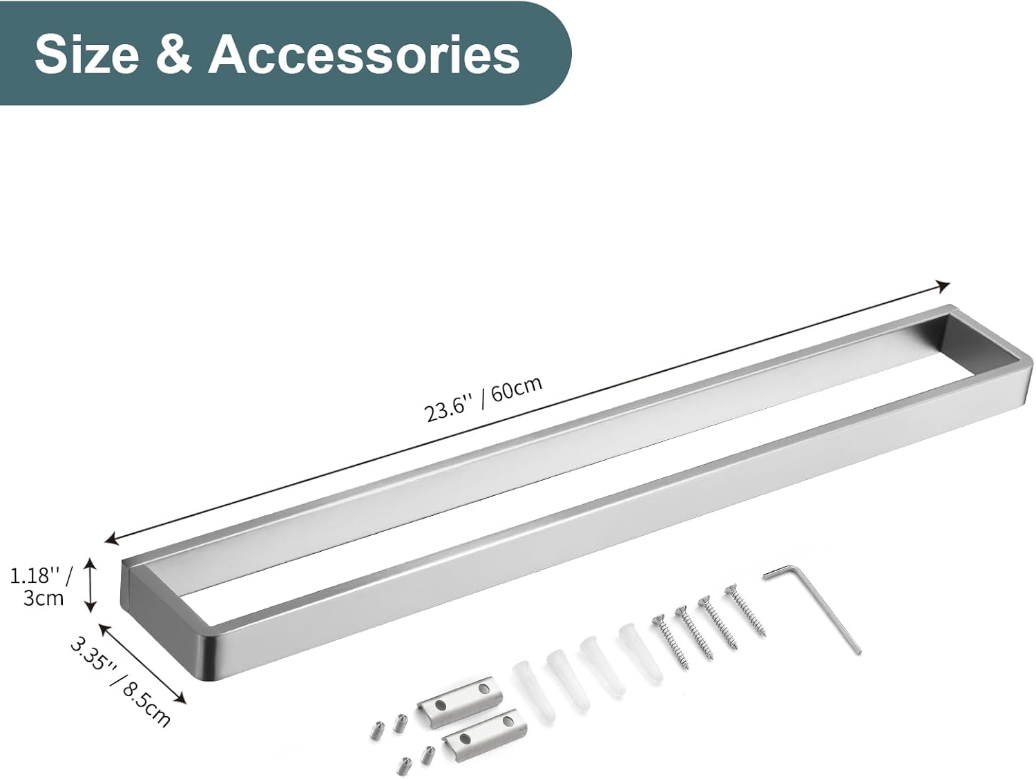 Bathroom Towel Bar Brushed Nickel, 23.6 Inch 304 Stainless Steel Bath Accessories Towel Rack Hanger, Bathroom Kitchen Square Hand Towel Holder Wall Mounted