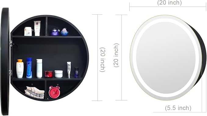 20inch Round Medicine Cabinet with Lights,Led Medicine Cabinet with Defogger,Illuminated Mirror Cabinet for Bathroom,Dimmable,Anti-Fog,3 Colors,Surface Mount Only