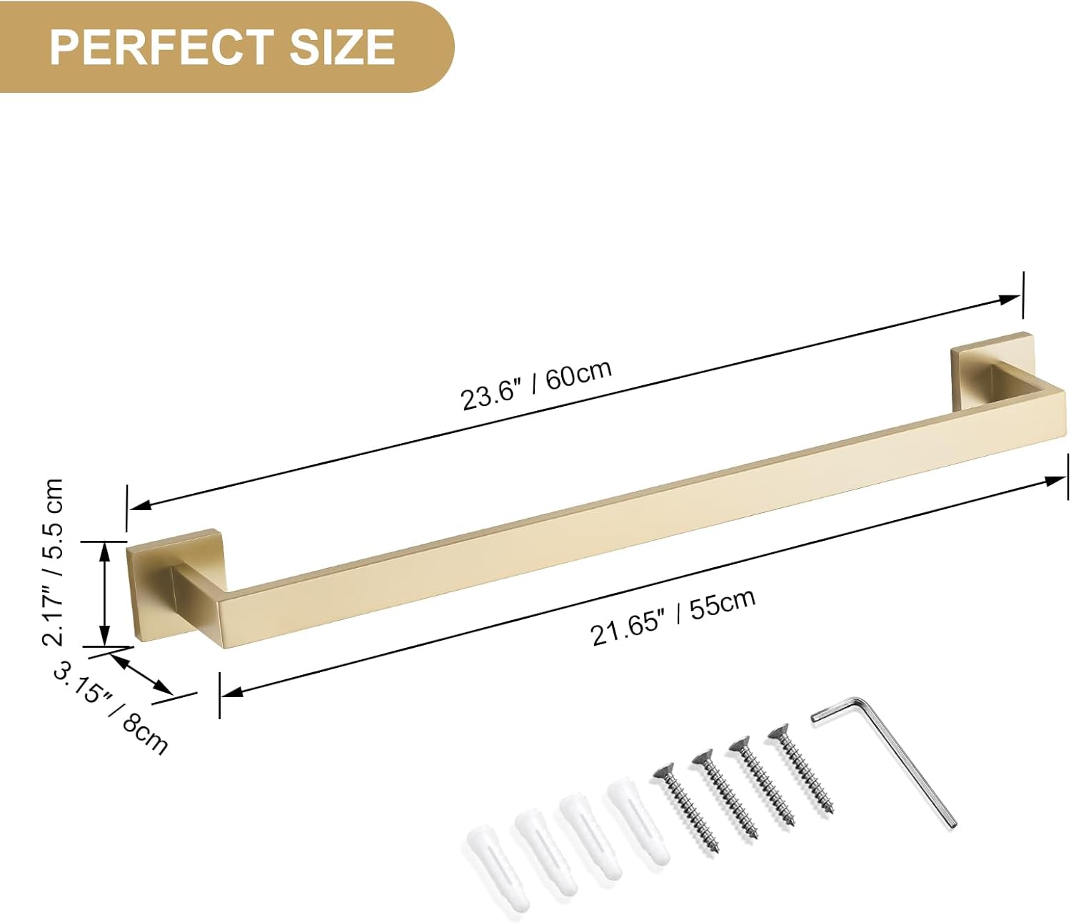 Bathroom Towel Bar, 23.6 Inch Gold Towel Rack, SUS304 Stainless Steel Bathroom Accessories, Square Hand Towel Holder for Bathroom Kitchen Wall Mounted