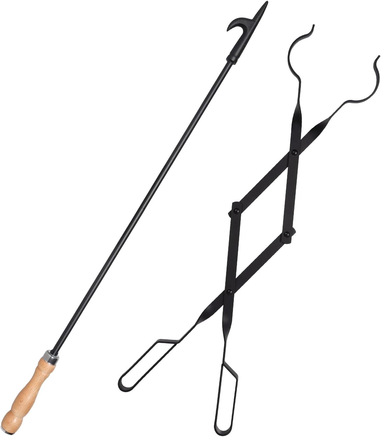 Heavy Duty 32” Long Fireplace Fire Pit Campfire Poker Stick and 26” Fireplace Tongs Tool Sets, Log Grabber