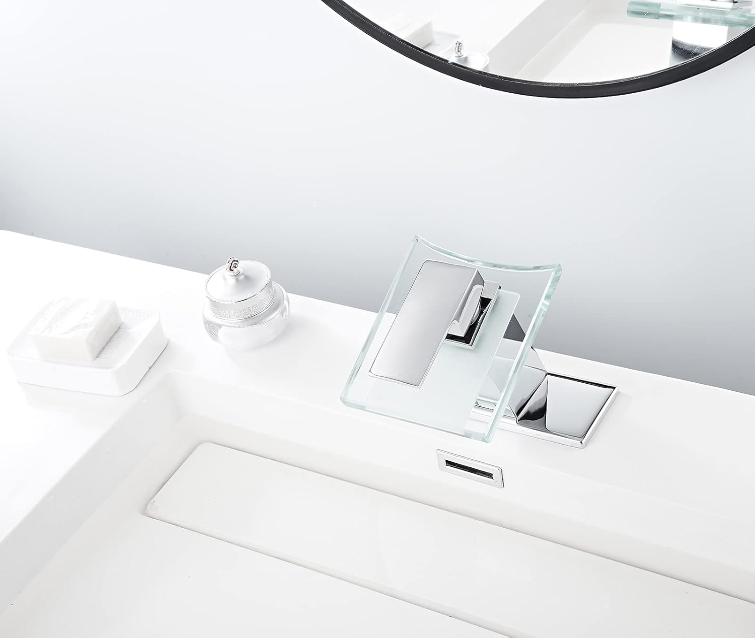 Bathroom Sink Faucet Waterfall Glass Spout LED Light 3 Colors Changing Hot and Cold Water Mixer Single Handle One Hole Deck Mounted Bathroom Faucet Lavatory Vanity Basin Tap Chrome