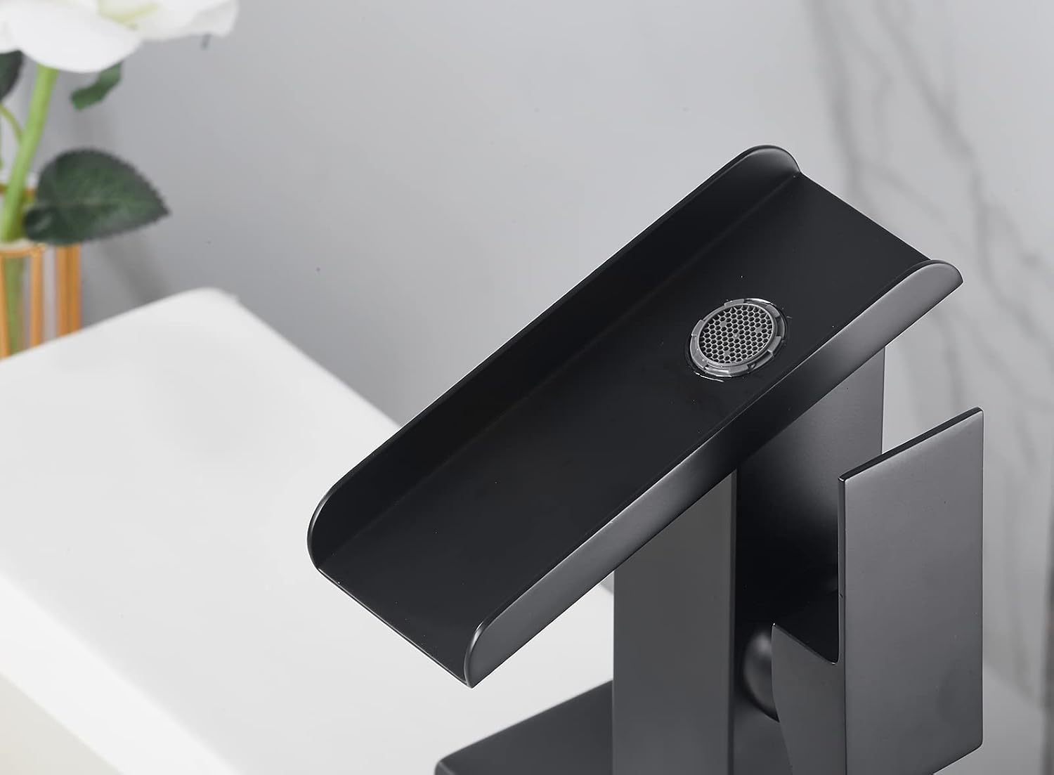 Bathroom Faucet Black Waterfall Open Spout LED Color Changing 1-3 Holes Basin Vanity Sink Tap Single Handle with Pop Up Drain Stopper Overflow Water Supply Hose Include Modern Commercial