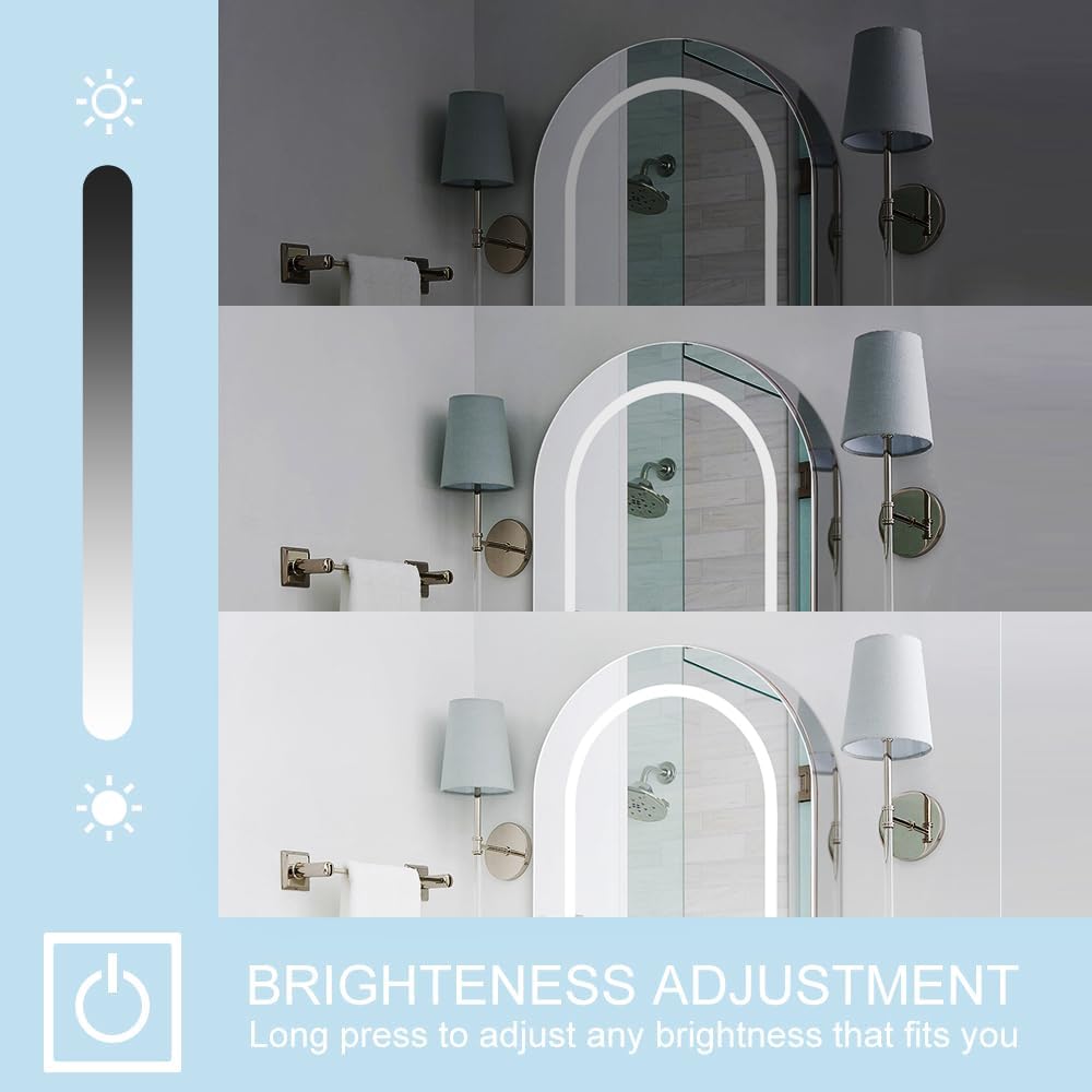 Arched Medicine Cabinet Mirror, 20''x30'' Lighted Medicine Cabinet with LED Lights, Defogger and 3 Color Modes, Dimmable Stainless Steel Cabinet for Bathroom