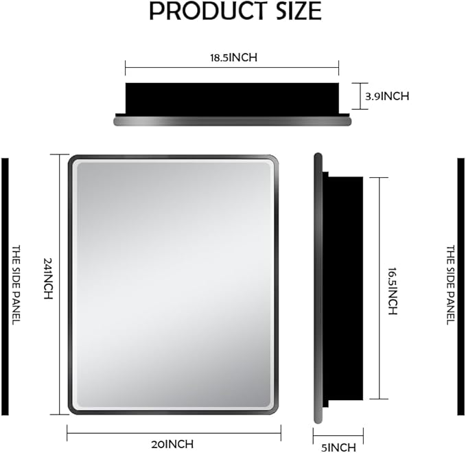 20×24inch Medicine Cabinet,Mirror Cabinet with Beveled Mirror,Solf Close Hinge,Brushed Metal Framed,Detachable Side Plate for Recess Mount or Surface Mount,Black