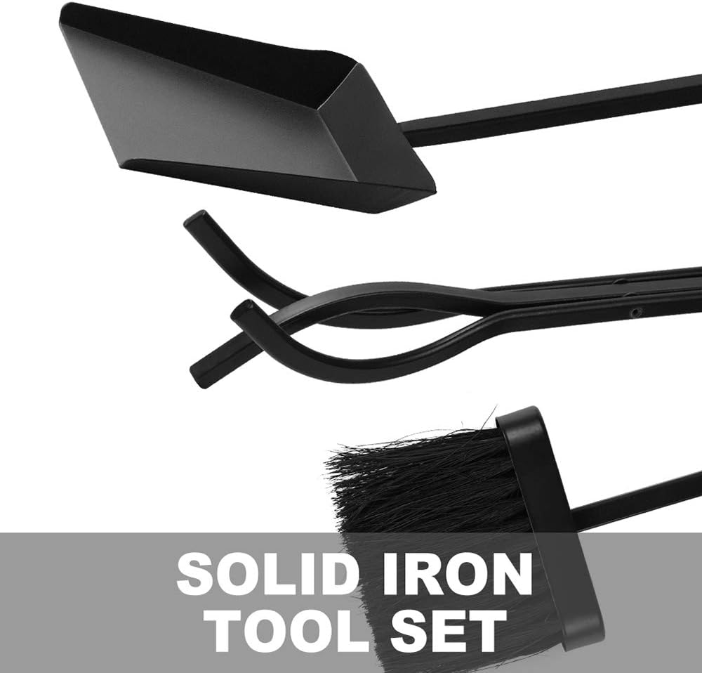 5 Pieces Fireplace Tools Set Wrought Iron Holder Black Fireset Pit Stand Fire Place Log Tongs Tools Kit