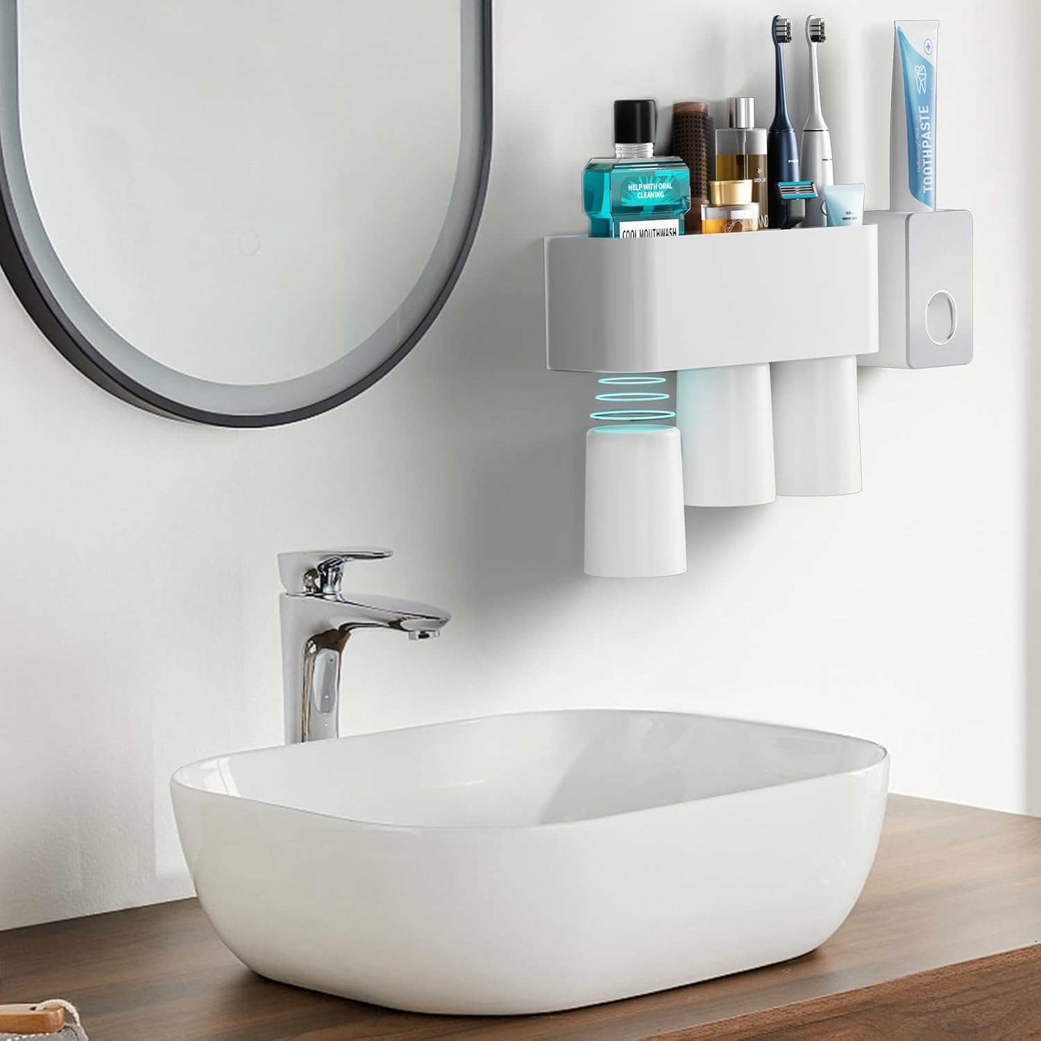 Toothbrush Holders for Bathrooms, Toothbrush Holder and Toothpaste Dispenser Wall Mounted, Automatic Plastic Tooth Brushing Holder with 3 Cups